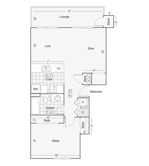 Floor plan for 1 bed, 1 bath, 708 sqft